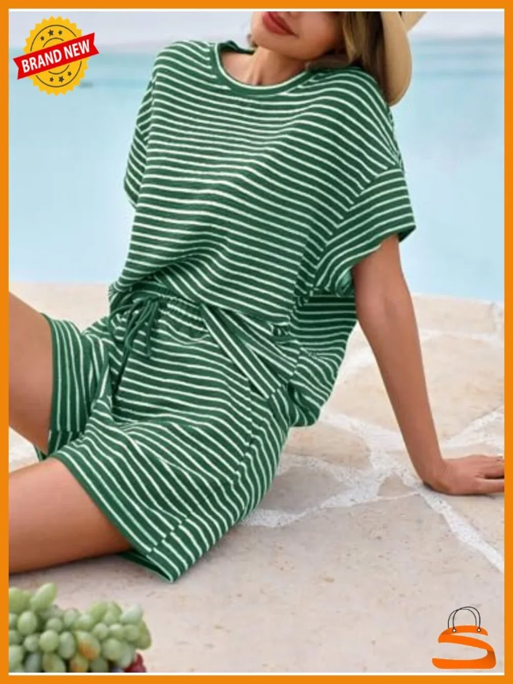Striped 2 Piece Lounge Set Short Sleeve Drawstring Shorts Matching Set Pajamas